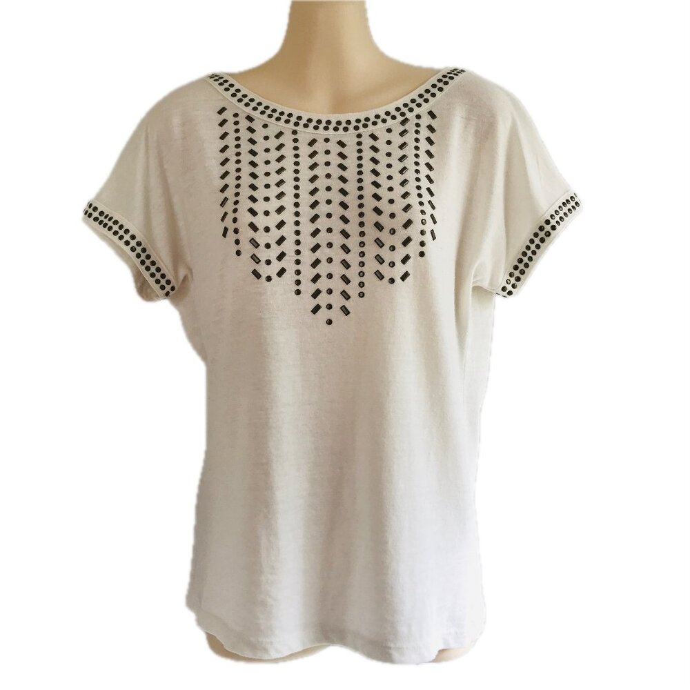 🌻 🌸 Lucky Brand Short-Sleeved Ivory Tee with Metal Accents – Sz XS